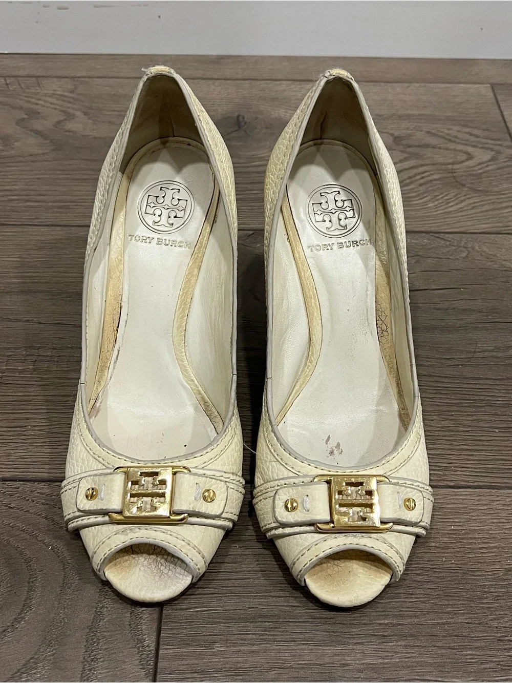 [Sold] Tory Burch Sz.7.5 Leather Peep-Toe Wedge Heels with Gold Accent